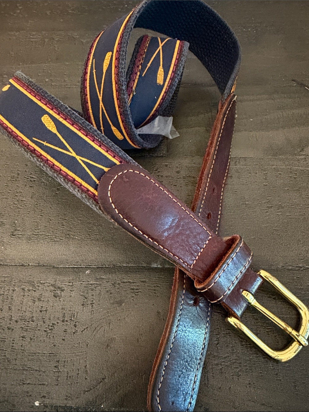 Boys Canvas & Leather Belt with Oar Pattern - Navy & Brown 36 inches